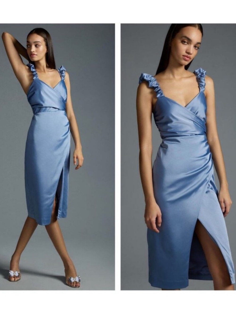 Anthropologie Light Blue Satin Sweetheart Midi Slit Dress